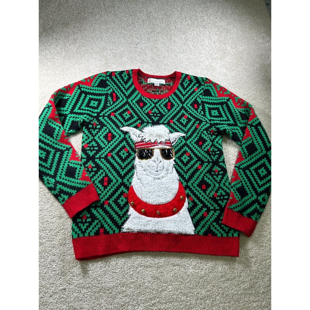 Jolly Sweaters Women's Large Green Red Acrylic Llama Christmas Sweater‎